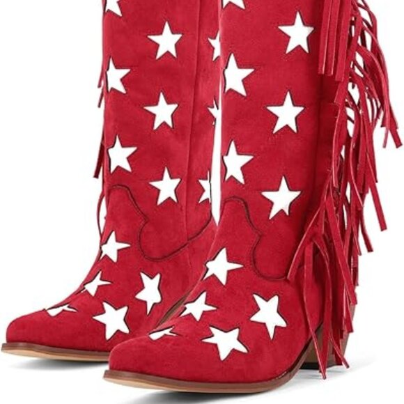 Cowgirl Boots Stars Block Heels Fringed Pull On Faux Suede Under the Knee-RED - Picture 3 of 6